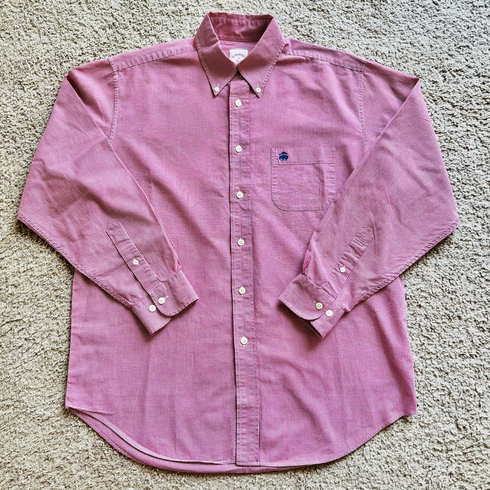 Brooks Brothers 346 Shirt Mens Medium Red Shepherd Check Long Sleeve Button Down